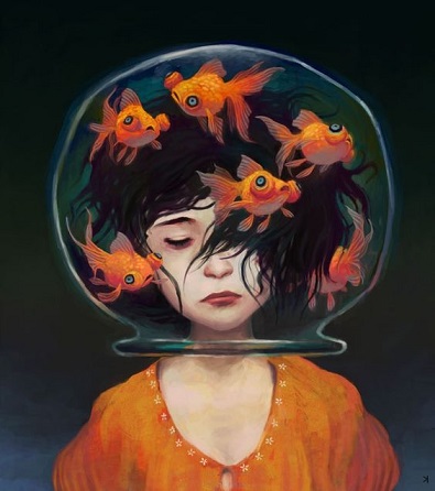 painting of a dark-haired girl with an bowl of goldfish inverted over her head